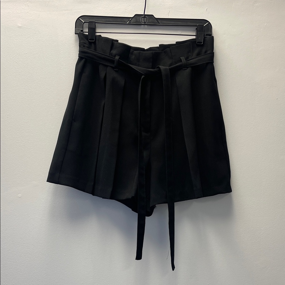 Express Black Paperbag Waist Pleated Skort with Tie Belt